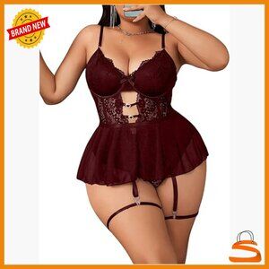 Plus Size Lingerie Set 4 Piece Lace Underwire Garter Teddy Bodysuit